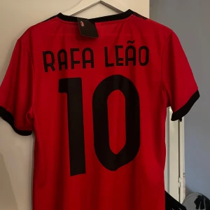 AC Milan fotbollströja Rafa Leão 10 - Säljer en röd och svart AC Milan fotbollströja med Rafa Leão och nummer 10 på ryggen. Tröjan har svarta detaljer vid krage och ärmslut samt klubbmärke och sponsortryck på bröstet. Perfekt för fans av Serie A och AC Milan. Replika
