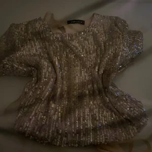 Glittrig croppad topp med paljetter - Säljer en glittrig croppad topp i ljusbeige med massor av paljetter. Toppen har korta ärmar, v-ringning och knytband i midjan. Perfekt för dig som vill sticka ut och glänsa lite extra.