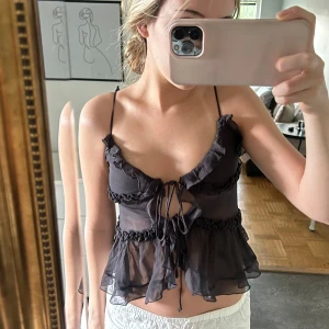 Svart volangig linnetopp med knyt - Säljer en svart, transparent linnetopp med volanger och knyt framtill❣️