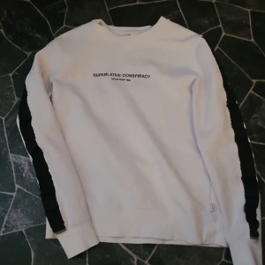 Vit långärmad tröja från WeSC - Säljer en vit långärmad tröja från WeSC med texten 'Superlative Conspiracy' på bröstet. Tröjan har svarta detaljer längs ärmarna och är tillverkad i ett mjukt material. Perfekt för en stilren och avslappnad look.