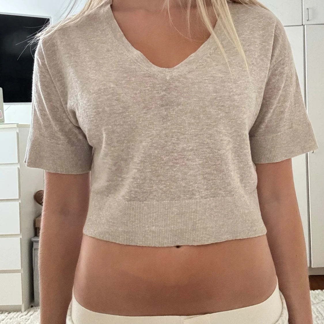 Beige croppad linne topp - 1