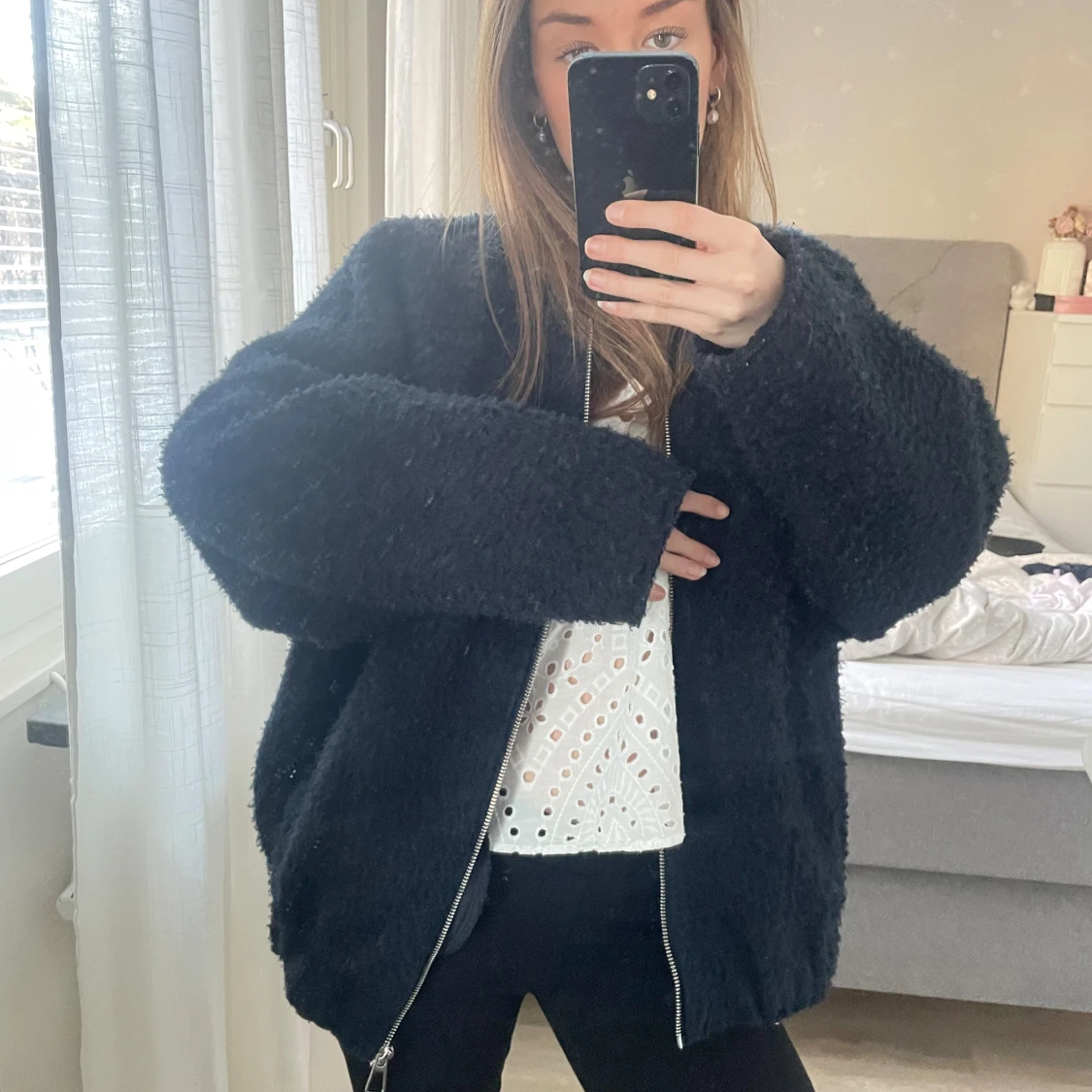 Marinblå teddyjacka med dragkedja - 1