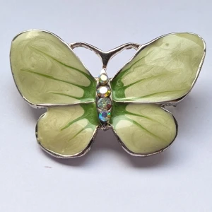 Grön fjärilsbrosch med strass - Charmig fjärilsbrosch i grönt med skimrande strassdetaljer på kroppen. Perfekt för att ge en färgklick till din outfit. Broschen har en säkerhetsnål på baksidan för enkel fastsättning.