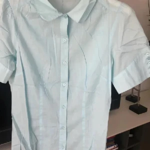 Ljusblå kortärmad skjorta från Lindex - Säljer en stilren ljusblå skjorta från Lindex med korta ärmar och klassisk krage. Skjortan har knappar framtill och är perfekt för en avslappnad look. Passar bra till både jeans och kjol.