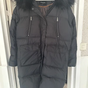 Svart dunjacka från Hollies - Säljer en stilren svart dunjacka från Hollies med två avtagbara pälskragar (en syntet och en i äkta tvättbjörns-päls) Jackan har dragkedja och knappar framtill samt praktiska fickor med dragkedja på bröstet och stora fickor nedtill. Sparsamt använd. Stor i storleken, står 36 men passar 38/40.