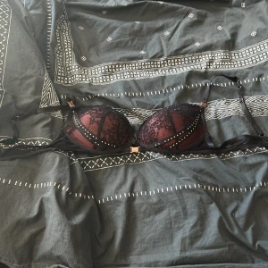 Svart och rosa spets bandeau - Säljer en snygg BH i svart och vinröd med spetsdetaljer och små guldfärgade nitar. Toppen har justerbara axelband, vadderade kupor och en guldfärgad spänndetalj framtill. Perfekt för att ge outfiten en extra edge.