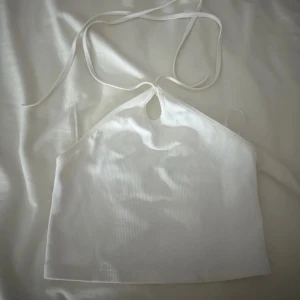 Vit ribbad halterneck croppad topp - Säljer en vit croppad halterneck topp med ribbad struktur och liten cut-out framtill. Toppen har smala band som knyts i nacken och är ärmlös, perfekt för varma dagar. Enkel och stilren design som är lätt att matcha.