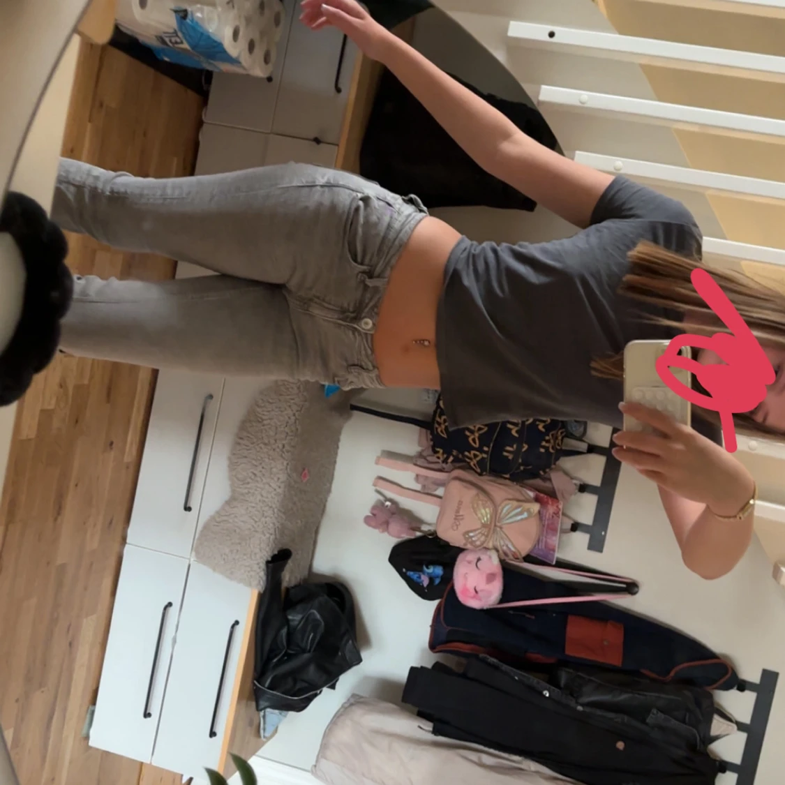 Grå lågmidjade jeans