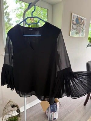 Svart blus med plisserade ärmar - Stilren svart blus från Vero Moda med transparenta, plisserade långärmar och v-ringning. Blusen har en luftig passform och är gjord i ett tunt, lätt material som ger en elegant look. Perfekt att styla med jeans eller kjol för en trendig outfit.