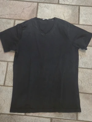 Svart v-ringad t-shirt från Bläck - Svart t-shirt från Bläck i storlek M. T-shirten har v-ringning och korta ärmar, perfekt för en clean och enkel stil. Tillverkad i mjuk bomull som känns skön mot huden.