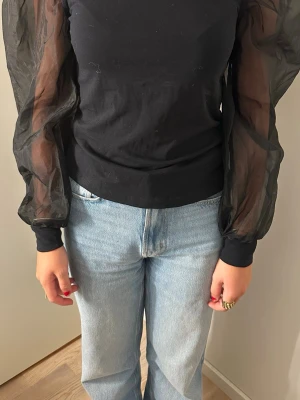 Svart topp med transparenta ärmar - Snygg svart topp med långa, transparenta puffärmar i mesh. Kroppen är i ett mjukt tyg som sitter bekvämt och har en normal passform. Perfekt för att lyfta din outfit med en cool detalj.