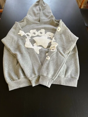 Grå Sp5der Hoodie med vita detaljer - Grå hoodie med stora vita upphöjda detaljer framtill och på ärmarna. Mjuk och tjock insida, huva och känguruficka. Helt oanvänd och i nyskick. Snygg oversized streetwear-look. Se bilder för detaljer.