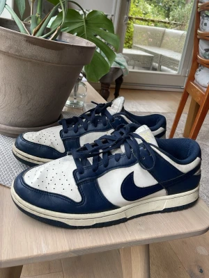 Nike Dunk Low blå/vita sneakers - Säljer ett par Nike Dunk Low sneakers i blått och vitt. Skorna har klassisk låg siluett, perforerad tåbox och den ikoniska swoosh-loggan på sidan. Ovandelen är i läder med mörkblå och vita paneler samt matchande blå snören och yttersula. Köptes för 1700