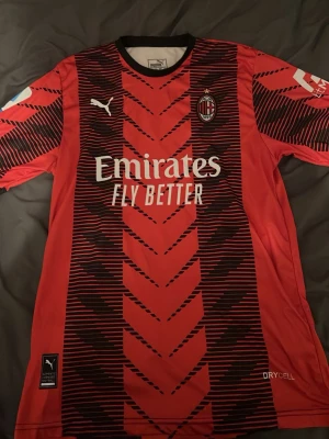 AC Milan röd matchtröja Puma - Snygg röd AC Milan matchtröja från Puma med svart mönster och klubbmärke på bröstet. Tröjan har korta ärmar, svart krage och tryckta sponsorloggor. Tillverkad i funktionsmaterial (DryCell) som andas, perfekt för träning eller match.