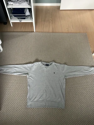 Grå sweatshirt från Polo Ralph Lauren - Klassisk grå sweatshirt från Polo Ralph Lauren i storlek L. Tröjan har rund halsringning och ribbade muddar vid ärmslut och nederkant. Perfekt för en avslappnad och stilren look.