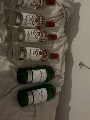 Smirnoff vodka & Tanqueray gin flaskor - Fyra genomskinliga flaskor Smirnoff vodka med röda korkar och vita etiketter samt två gröna flaskor Tanqueray gin med vita etiketter och röda detaljer. Perfekt för dig som vill ha klassiska spritsorter till samlingen.