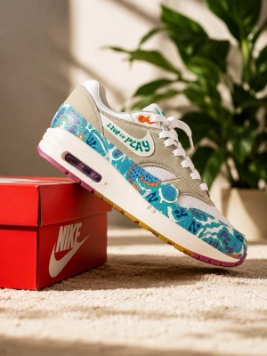 Nike Air Max 1 PRM - Nike Air Max 1 sneakers med vit mesh, grå mockadetaljer och färgglada blå och turkosa mönster längs sulan. Texten 'Live to Play' och 'Play to Live' syns på sidorna. Sulan har lila och gula detaljer och synlig Air-enhet. Perfekt för dig som gillar unika och kreativa sneakers. Endast testade och fick dessa i present och ej använda då dem e för små.