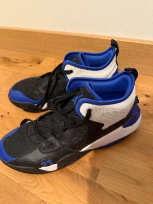 Air Jordan Stay Loyal 2 Black Hyper Royal - Snygga Air Jordan Stay Loyal 2 sneakers i färgerna svart, blå och vit. Skorna har en hög siluett med vadderad krage, mesh och läderdetaljer samt tydliga blå accenter och nummer 23 på sidan. Perfekta för dig som gillar streetwear och basketstil eller behöver träningsskor. De är knappt använda och i väldigt bra skick. Köptes för ungefär 1300kr💙