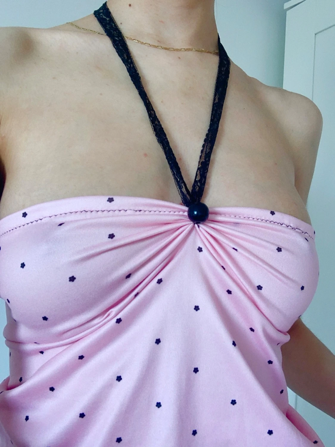 Rosa prickig bandeau topp med knyt - 2