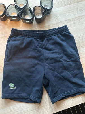 Mörkblå shorts med broderad detalj - Säljer ett par mörkblå shorts med resår i midjan och en broderad grön palm på vänster ben. Sköna och avslappnade, perfekta för sommaren. Tillverkade i mjuk bomull för extra komfort.