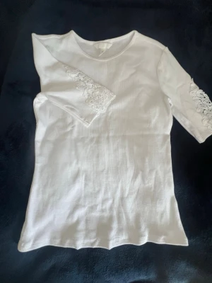 Vit topp med spetsdetaljer - Säljer den virala  vita spets S-shirten från hm i storlek S! Den är helt ny och jag säljer den för jag råka köpa fel storlek 🙈💕