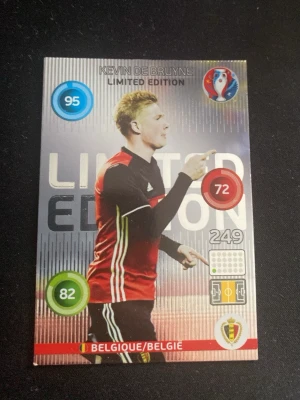 Kevin De Bruyne Limited Edition kort - Samlarkort från Panini Adrenalyn UEFA Euro 2016 med Kevin De Bruyne. Kortet har färgerna röd, svart och silver med Belgien-flagga och officiell UEFA Euro 2016-logga. Siffror och statistik syns på framsidan. Baksidan har siluett och aktiveringskod.