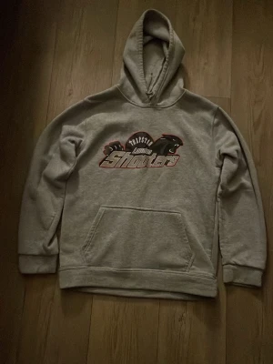 Grå hoodie med shooters-tryck - Säljer en grå hoodie med huva och stor magficka. På bröstet finns ett stort tryck med texten 'Trapstar Shooters' och en svart panter. Hoodien har ribbade muddar vid ärmar och nederkant. Perfekt för dig som gillar streetwear och vill ha en chill look.
