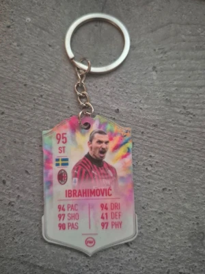Nyckelring med Ibrahimović-motiv - Cool nyckelring med färgglad design och motiv av fotbollsspelaren Ibrahimović i AC Milan-tröja. Nyckelringen har en metallring och plastbricka med tryck, inspirerad av ett FIFA Ultimate Team-kort. Perfekt accessoar för fotbollsälskare.