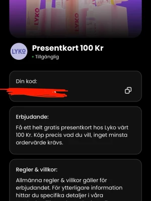 Presentkort Lyko 100 kr  - Presentkort till Lyko värde 100 kr. Perfekt för att köpa valfria produkter på Lyko.se utan minsta ordervärde. Kod skickas digitalt vid köp. Tar gärna swish så slipper ni frakt kostnaden med tanke på att de inte skickas
