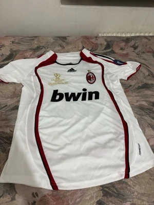 AC Milan Ronaldinho matchtröja - Säljer en vit AC Milan matchtröja från Adidas med röda och svarta detaljer. Tröjan har Ronaldinho och nummer 80 på ryggen, Champions League-märke på ärmen och Bwin som sponsor på bröstet. Perfekt för fotbollsfans som vill sticka ut på planen eller läktaren.