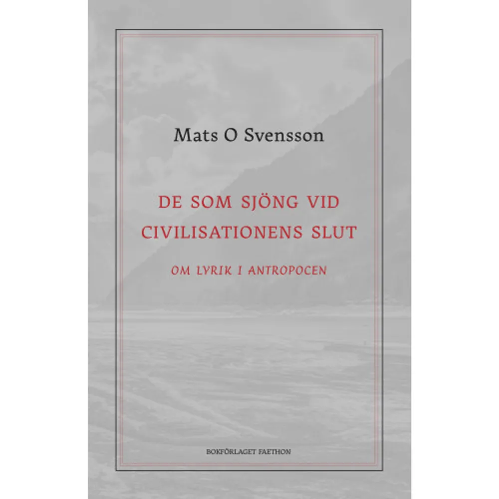 I denna essä undersöker Mats O Svensson hur antropocen avtecknar sig i den samtida lyrikens lager. Här prövas fram hur poesin kan läsas genom denna geologiska händelse, och hur antropocen i sin tur kan läsas genom poesin. I De som sjöng vid civilisationens slut återvänder mytologin till världen, samtidigt som den värld vi känner är på väg att skifta form och bli en annan. Här återfinns några av de lyriska svaren på transformationen när vi nu går in i en ny epok. Essän visar hur lyriken genererar motstånd och omsorg; hur den lär oss sörja det som kommer gå förlorat och lämna det som försvinner bakom oss    Format Danskt band   Omfång 243 sidor   Språk Svenska   Förlag Bokförlaget Faethon   Utgivningsdatum 2021-09-08   ISBN 9789198499797  . Böcker.