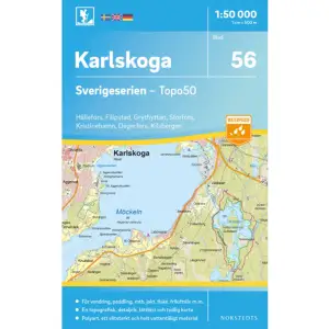 Sverigeseriens friluftskartor är en serie om 116 kartor med ett täckningsområde som sträcker sig över södra och mellersta Sverige samt Norrlandskusten. Det är kartan för dig som söker information inför friluftsaktiviteter som vandring, utflykter, traillöpning, jakt, fiske, ridning, cykling, mtb, paddling, långfärdsskridsko m.m.De topografiska kartorna i skala 1:50 000 innehåller all den information som förväntas av en terrängkarta för friluftsliv: terränginformation, vandringsleder, motionsspår, camping, vindskydd, golfbanor, badplatser, fornlämningar, vägar graderade i olika klasser, järnvägslinjer och mycket mer.Topografin är lätt att läsa med höjdkurvor i intervaller om 5 meter. Tillsammans med redovisning av olika marktyper och natur syns miljön tydligt. Här visas bland annat olika typer av skog, öppen eller odlad mark, berg, sankmark, sjöar, vattendrag, vägar, leder och stigar. Högre byggnader som vindkraftverk, kraftledningar, master och torn är bra symboler på kartan att använda som riktmärken i naturen vid navigering.Sverigeserien är en kvalitetskarta som är gjord för att användas! Aktuellt kartdata är hämtat från Lantmäteriet och den är tryckt på Polyart som är helt vattentåligt och slitstarkt. Det mjuka materialet tål att vikas om och om igen. Den klarar både vinterns och sommarens ibland utmanande väder i Sverige. Kartorna har en utförlig teckenförklaring på svenska, engelska och tyska. 