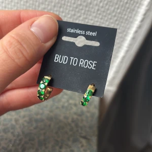 Guldörhängen med gröna stenar från Bud To Rose - Snygga guldörhängen från Bud To Rose med glittrande gröna stenar. Tillverkade i rostfritt stål, dessa örhängen är perfekta för att ge en färgklick till din stil. De har en elegant design som passar till många tillfällen. Aldirg använda.