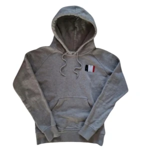 Grå hoodie från AMI - Säljer en stilren grå hoodie från AMI med en liten broderad logotyp i svart, vit och röd på bröstet. Tröjan har en klassisk känguruficka och justerbar huva med snören. Perfekt för en avslappnad stil.