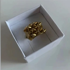 Guldfärgad ring med nitar - Säljer en cool guldfärgad ring med nitar. Den har en unik design som verkligen sticker ut och passar perfekt för att ge din outfit en edgy touch. Ringen är i mycket bra skick och är perfekt för både vardag och fest. Perfekt accessoar för dig som vill ha något annorlunda!
