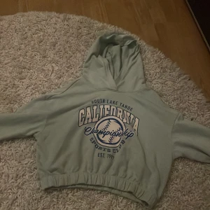 Grön hoodie från H&M - Säljer en cool grön hoodie från H&M med tryck 'California Championship Sports Club' på framsidan. Den har en skön luva och är perfekt för en avslappnad stil. Passar bra till både vardag och chill med kompisar. 🏆