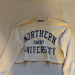 Beige croppad sweatshirt från Bik Bok - Säljer en supercool beige croppad sweatshirt från Bik Bok med texten 'Northern State University' i mörkblått. Perfekt för en avslappnad stil! Tröjan har långa ärmar och en bekväm passform. Perfekt för höst och vår.