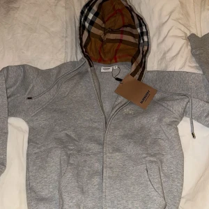 Grå hoodie från Burberry - Säljer en snygg grå hoodie från Burberry i helt nytt skick. Den har en klassisk Burberry-rutig huva och dragkedja framtill. Perfekt för höst och vår, med en stilren look som funkar till det mesta. Passar både till vardags och lite mer uppklädda tillfällen. Liten storlek, den här är som xs. Vill bli av med den snabbt, vilket e därför jag släpper den för så billigt. Lappen ingår inte.  🧥✨