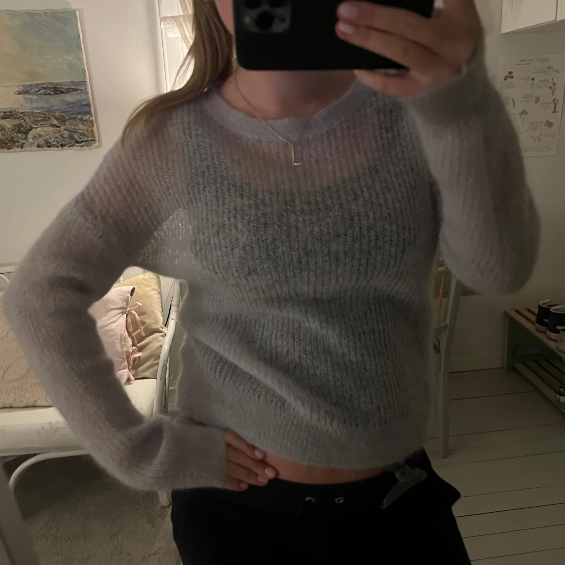 Ljusgrå/blå finstickad tröja  - 91