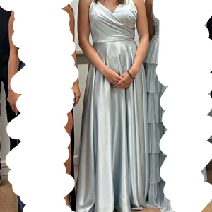 Ljusblå balklänning  - Elegant ljusblå långklänning i satin med v-ringad framsida och smala axelband. Klänningen har en öppen rygg med dekorativ snörning. Från Ivory Field. Jag är 170cm, inga klackar.  Nypris 3000.  Kan provas i Tyresö. Kan behöva kemtvättas.