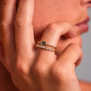 Guldfärgad ring  - Guldfärgad ring med en grön sten från cille juveler. Justerbar Storlek. Marknadsförs med livslång färggaranti. Säljer då jag ville prova men inte fastnade för guld. 