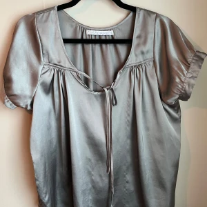 Grå fin blus - Elegant grå blus i ett glansigt material. Blusen har korta ärmar och en knytning framtill vid halsen. Perfekt för en stilren look. Köpt från plick💞💞 