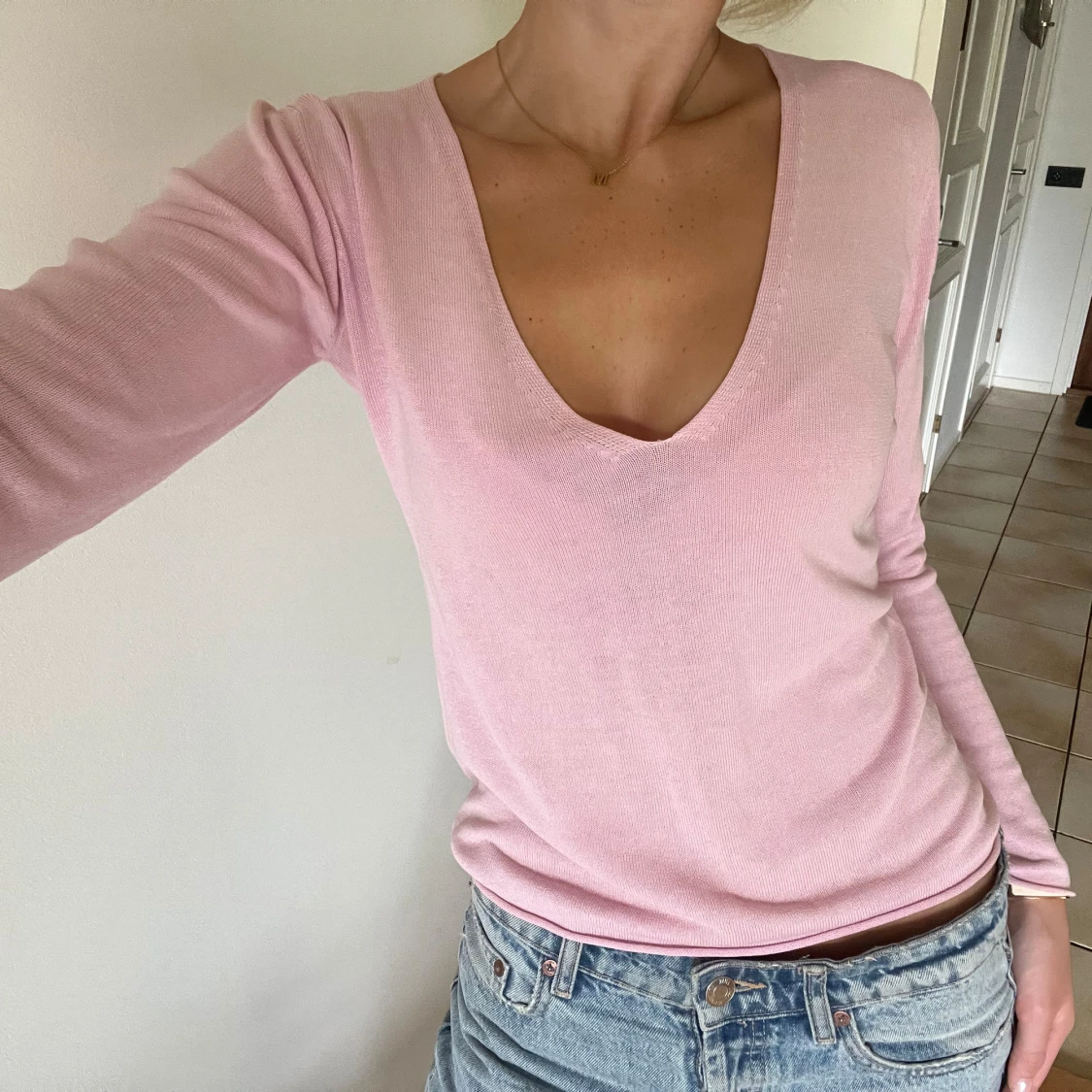 Stickad rosa tröja  - 90