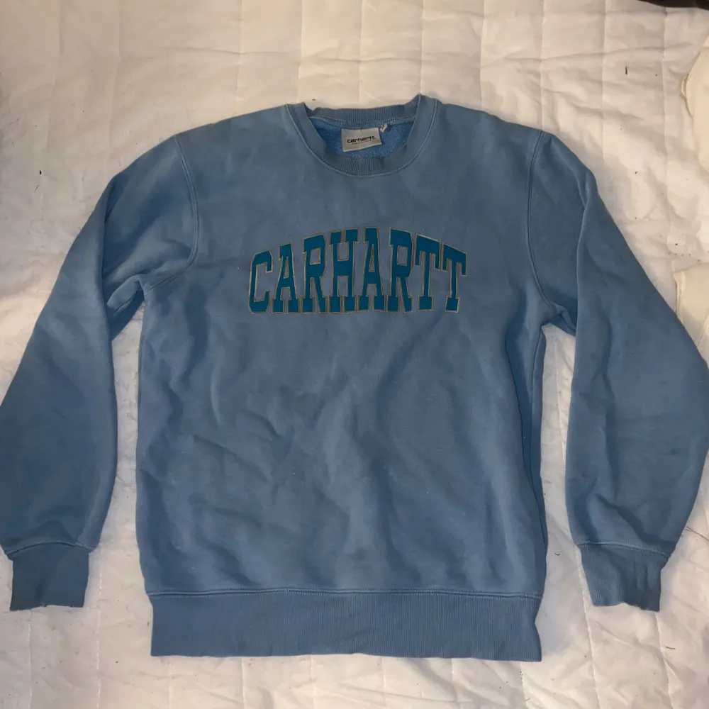 Säljer en snygg blå sweatshirt från Carhartt i storlek XS. Tröjan har ett stort Carhartt-tryck på framsidan och är perfekt för en avslappnad stil. Den är i bra skick och superbekväm att ha på sig. Perfekt för både höst och vår!. Tröjor & Koftor.