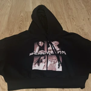 Svart hoodie med Blackpink-tryck - Cool svart hoodie med ett stort tryck av Blackpink på framsidan. Hoodien har en klassisk design med dragsko i huvan och ribbade muddar vid ärmslut och nederkant. Perfekt för fans av bandet!