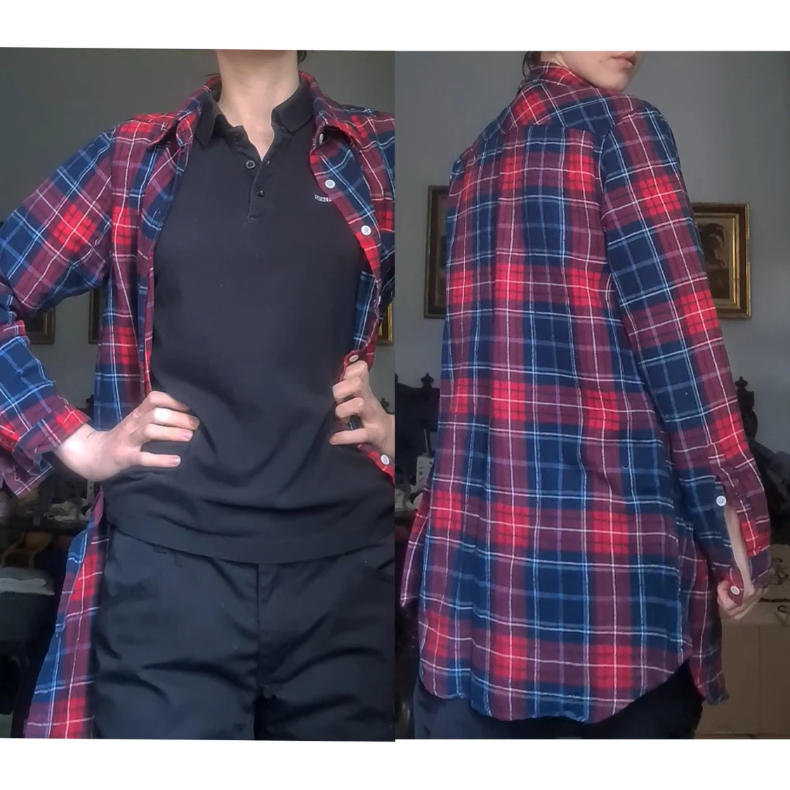 Lång flannelskjorta blå/röd M - 3