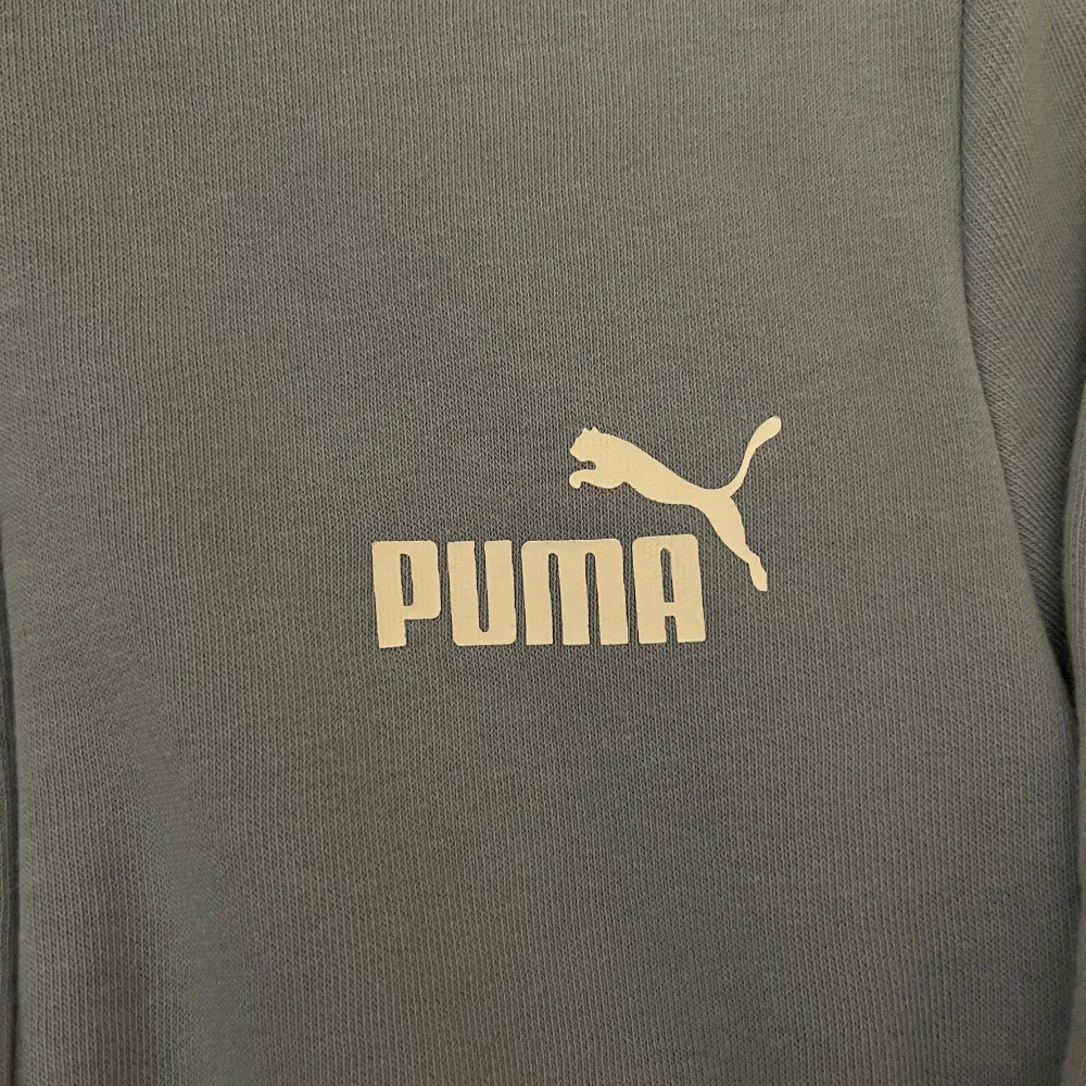 Säljer en stilren blå hoodie från Puma med dragkedja och huva. Tröjan har långa ärmar och en praktisk ficka framtill. Perfekt för en avslappnad look.. Neuletakit & Villapaidat.