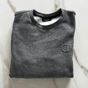 Grå sweatshirt från Calvin Klein - Snygg grå sweatshirt från Calvin Klein med broderad CK-logga på bröstet. Tröjan har en klassisk rund hals och långa ärmar med ribbade muddar. Perfekt för en stilren och bekväm look.