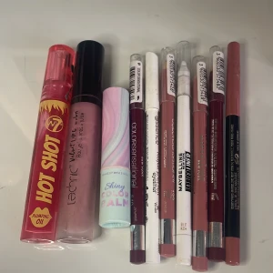 Samling av läpprodukter - En samling av läpprodukter inklusive läppglans, läppbalsam och läppennor. Märken som Technic och Maybelline finns med. Färgerna varierar från neutrala till djärva nyanser. Perfekt för att skapa olika läppstilar.