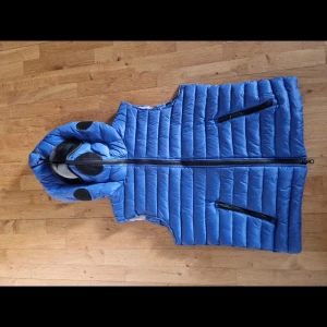 Ai rider on the storm väst/jacka - Säljer en cool blå dunväst med huva och dragkedja. Västen har svarta detaljer och inbyggda glasögon i huvan, vilket ger en unik look. Perfekt för kyliga dagar när du vill sticka ut. Stl 14